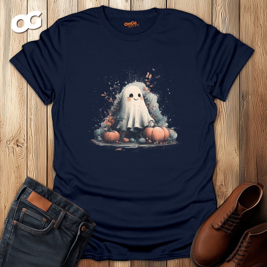 Cute Ghost and Pumpkins T-Shirt – navy – oak-wood