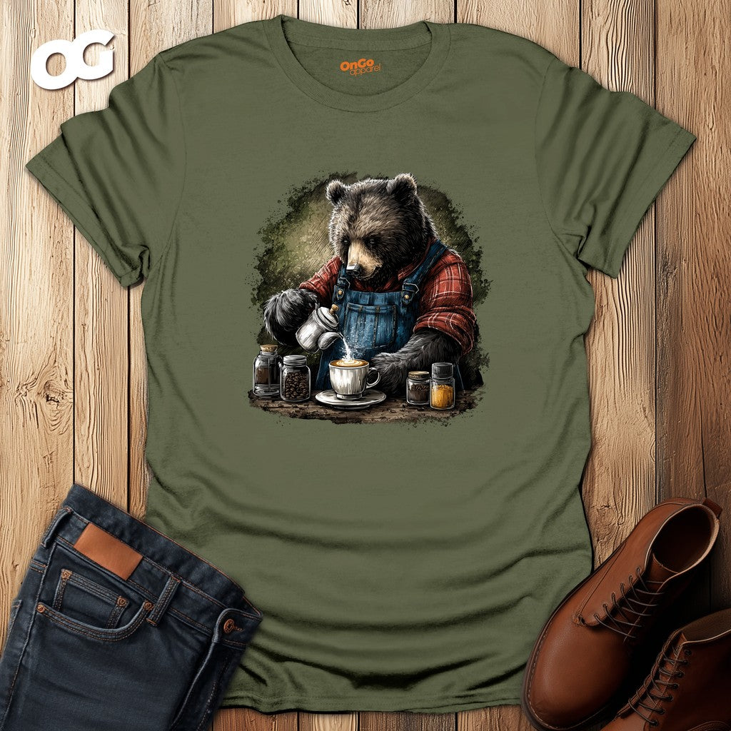 Bear Barista T-Shirt with Coffee Theme – military_green – oak-wood