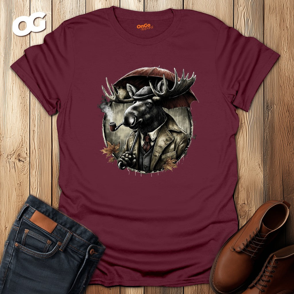 Stylish Moose with Umbrella and Pipe T-Shirt – maroon – oak-wood