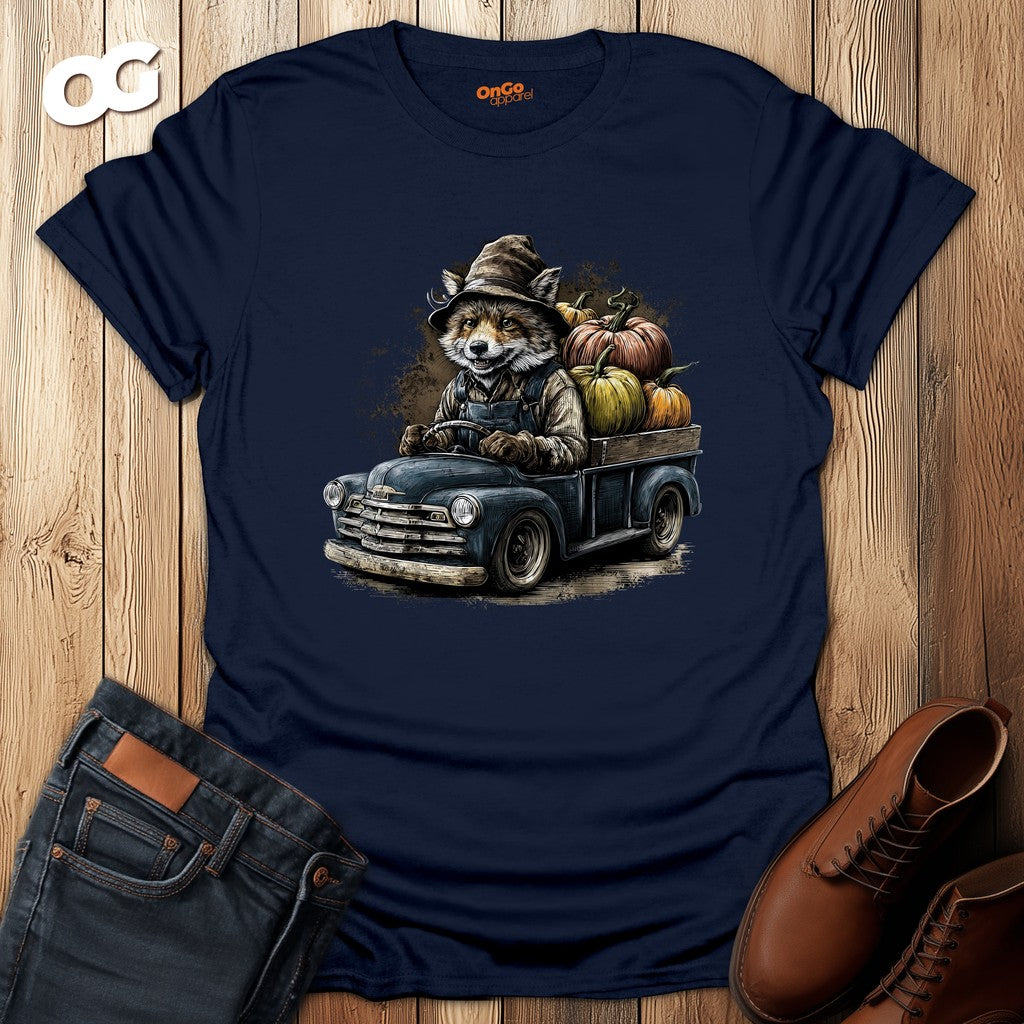 Rustic Fox Driving Vintage Truck T-Shirt – navy – oak-wood