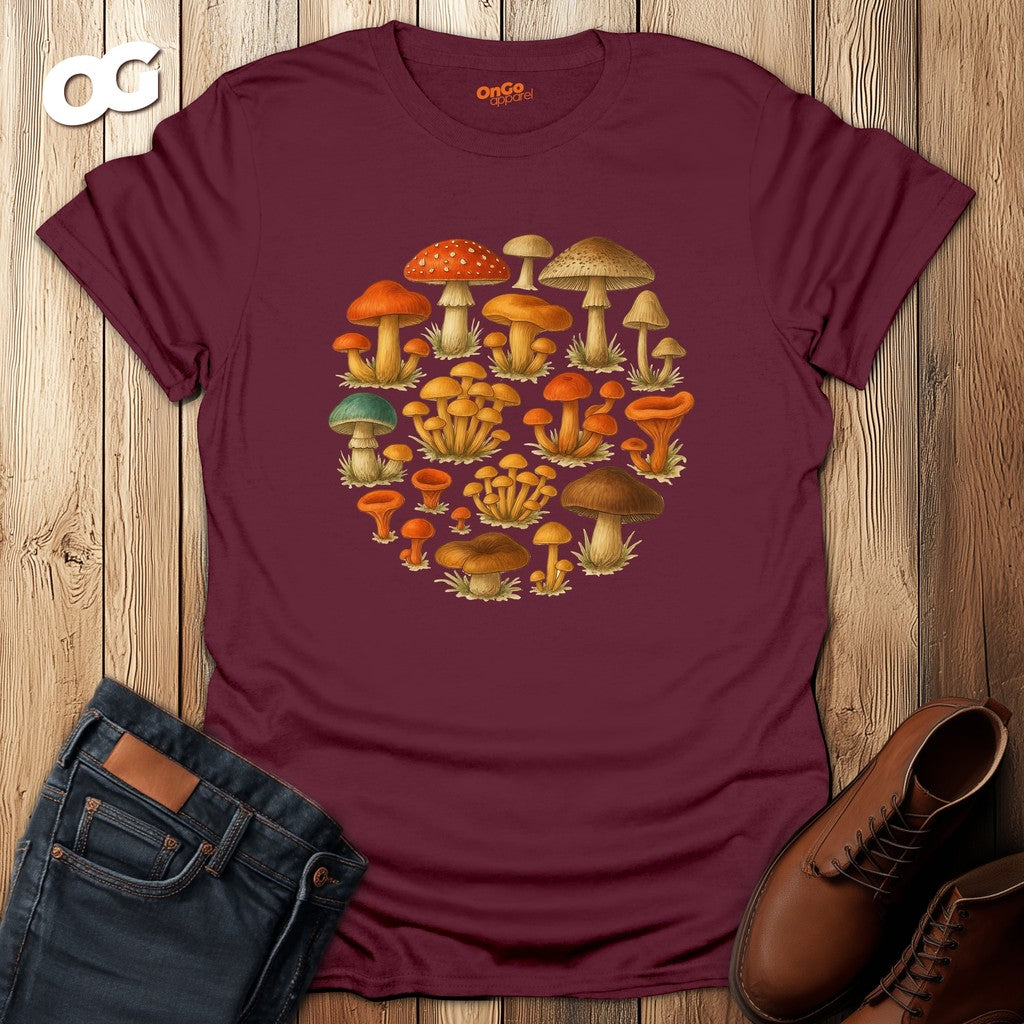 Mushroom Circle Unisex T-Shirt with Nature Design – maroon – oak-wood
