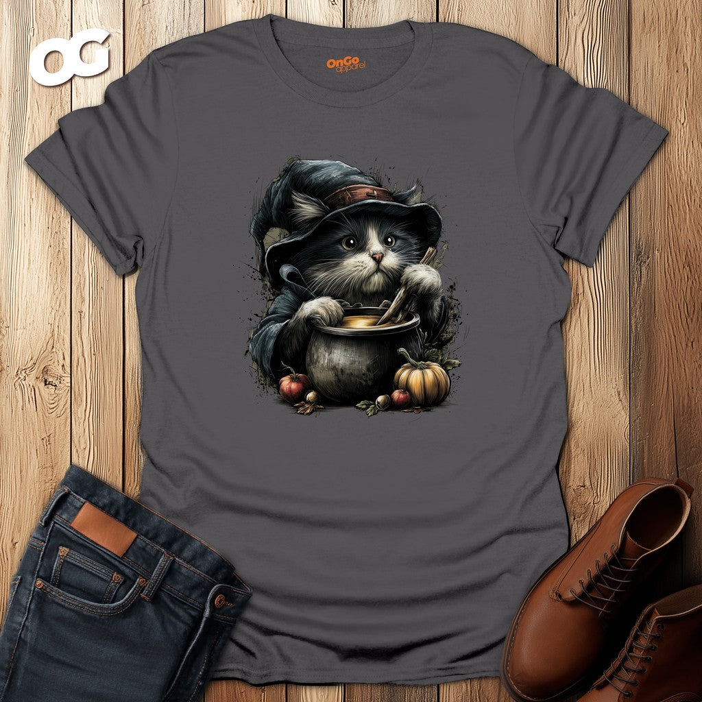 Cat Witch and Pumpkin Cauldron T-Shirt – charcoal – oak-wood