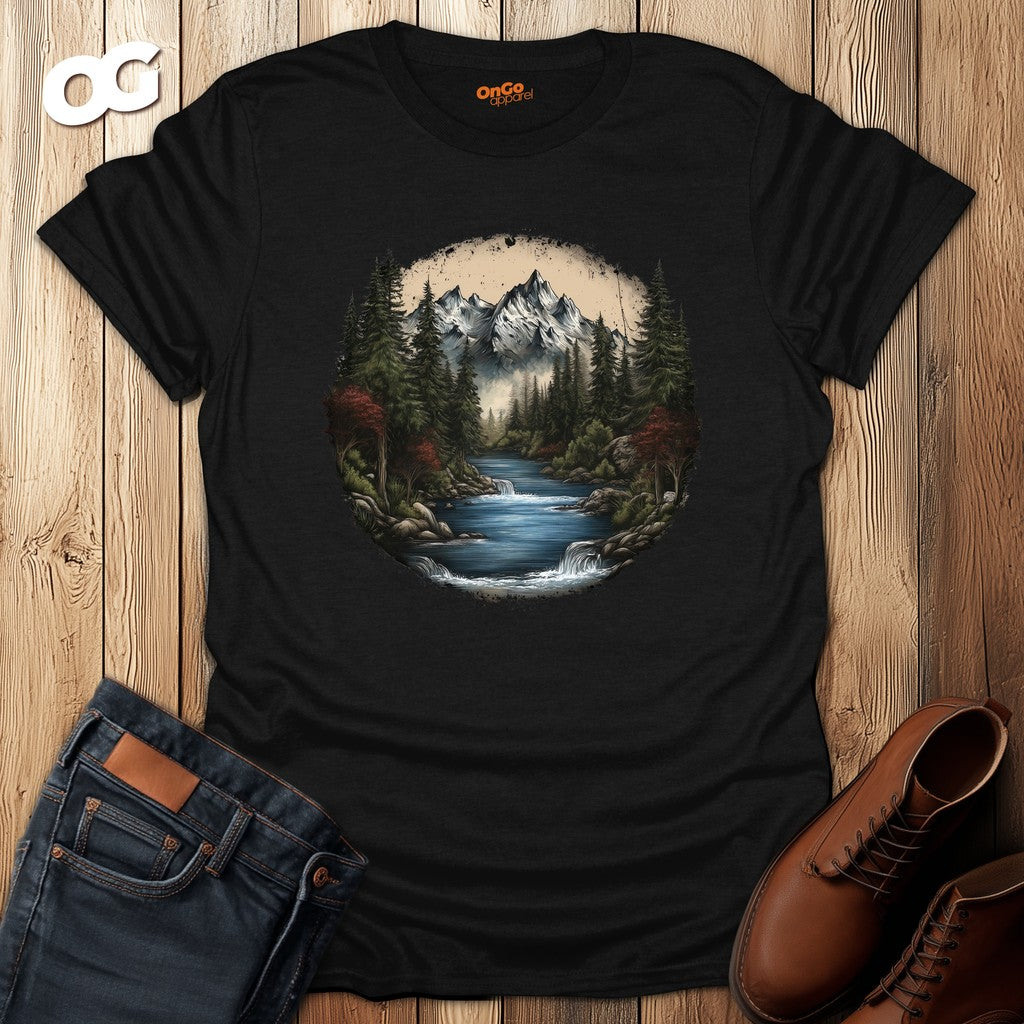 Nature Landscape T-Shirt with Mountain River Design – black – oak-wood