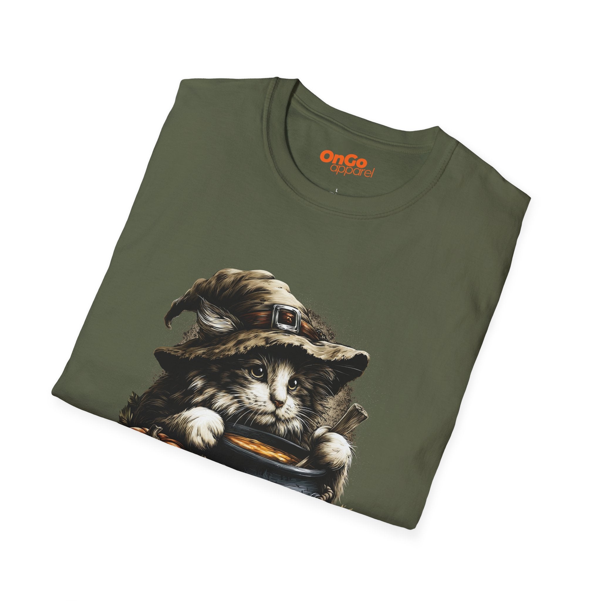 Cat Witch T-Shirt with Pumpkin Cauldron Design
