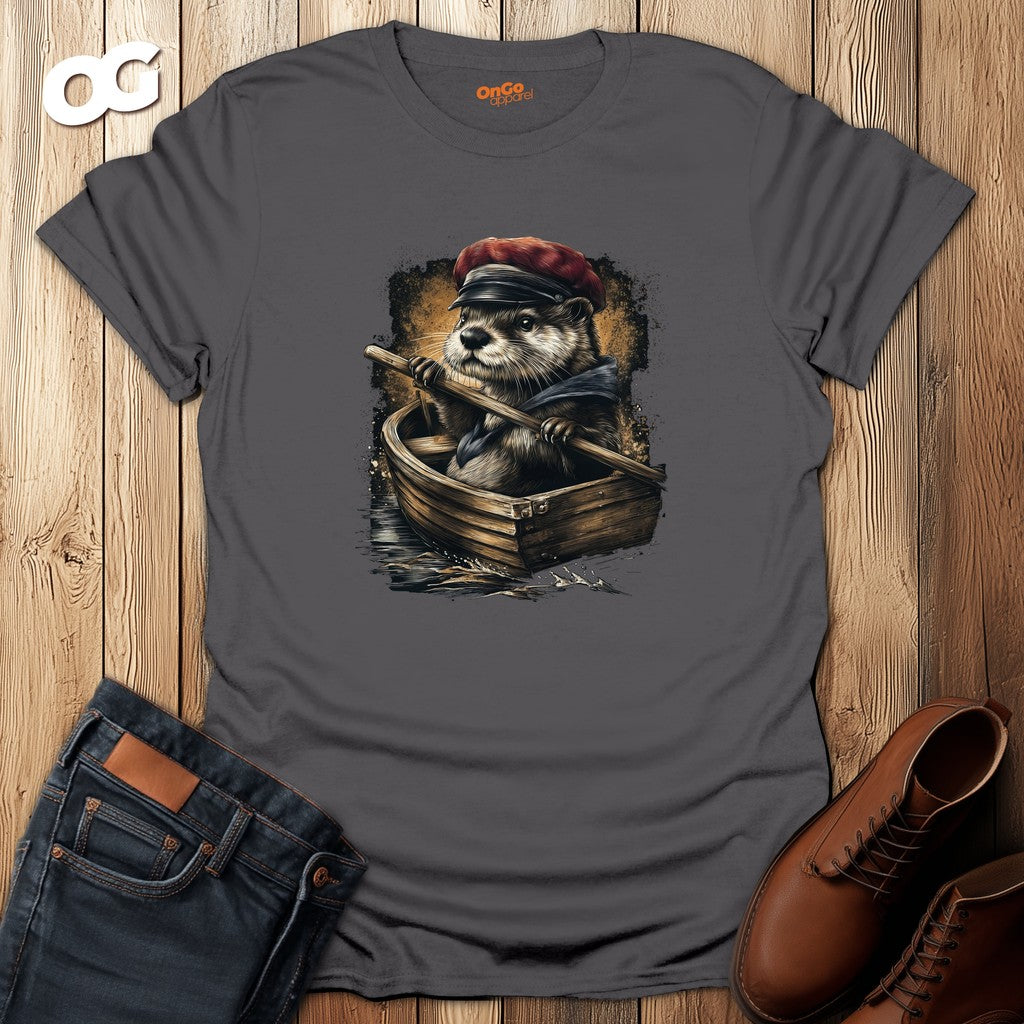 Otter in Boat T-Shirt with Red Cap Design – charcoal – oak-wood