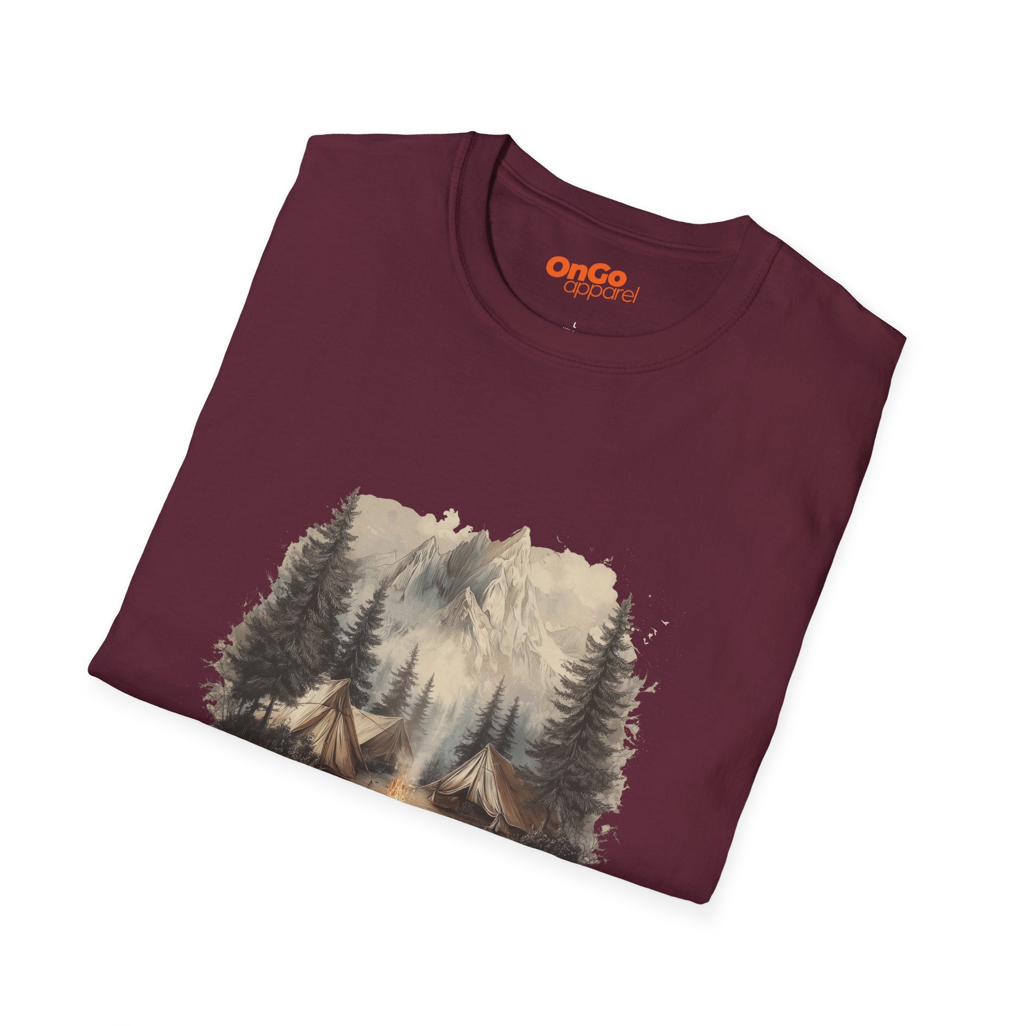 Camping Scene T-Shirt with Tents and Mountains