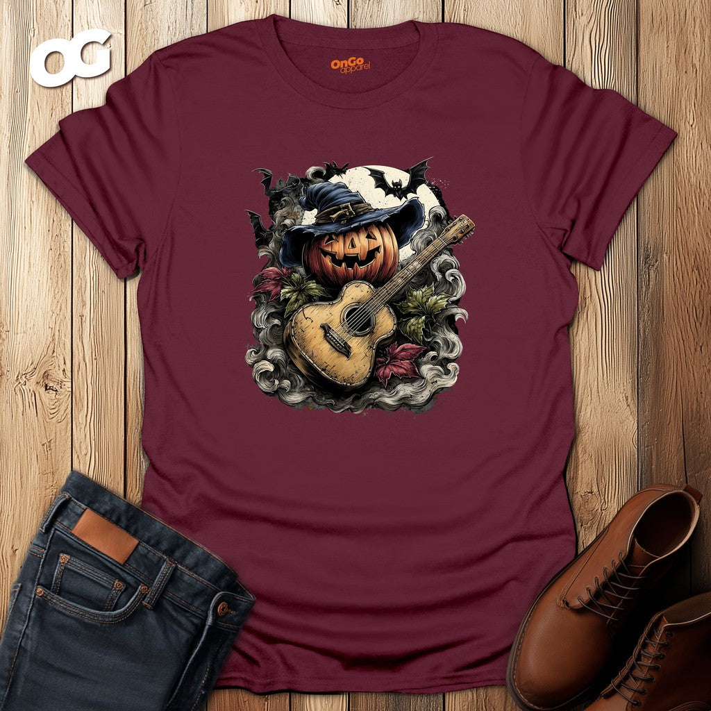 Halloween Pumpkin Guitar T-Shirt with Witch Hat – maroon – oak-wood