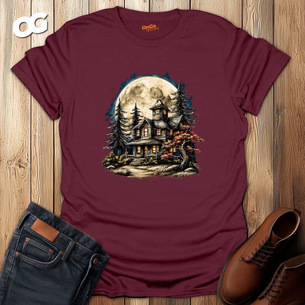 Haunted House T-Shirt with Mystical Design – maroon – oak-wood