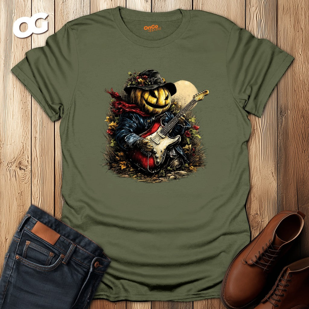 Pumpkin Guitarist T-Shirt with Creative Design – military_green – oak-wood
