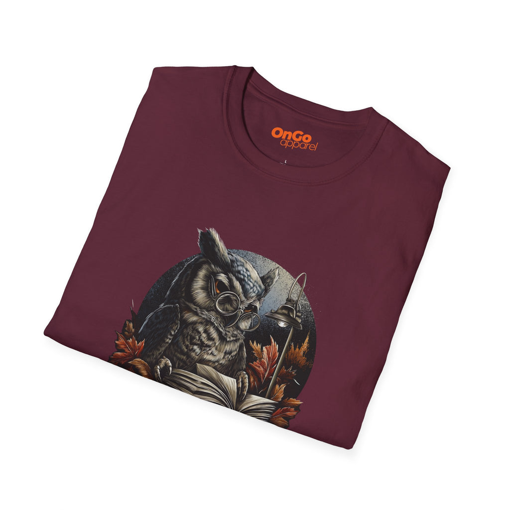 Owl Reading Book T-Shirt with Fall Leaves Design