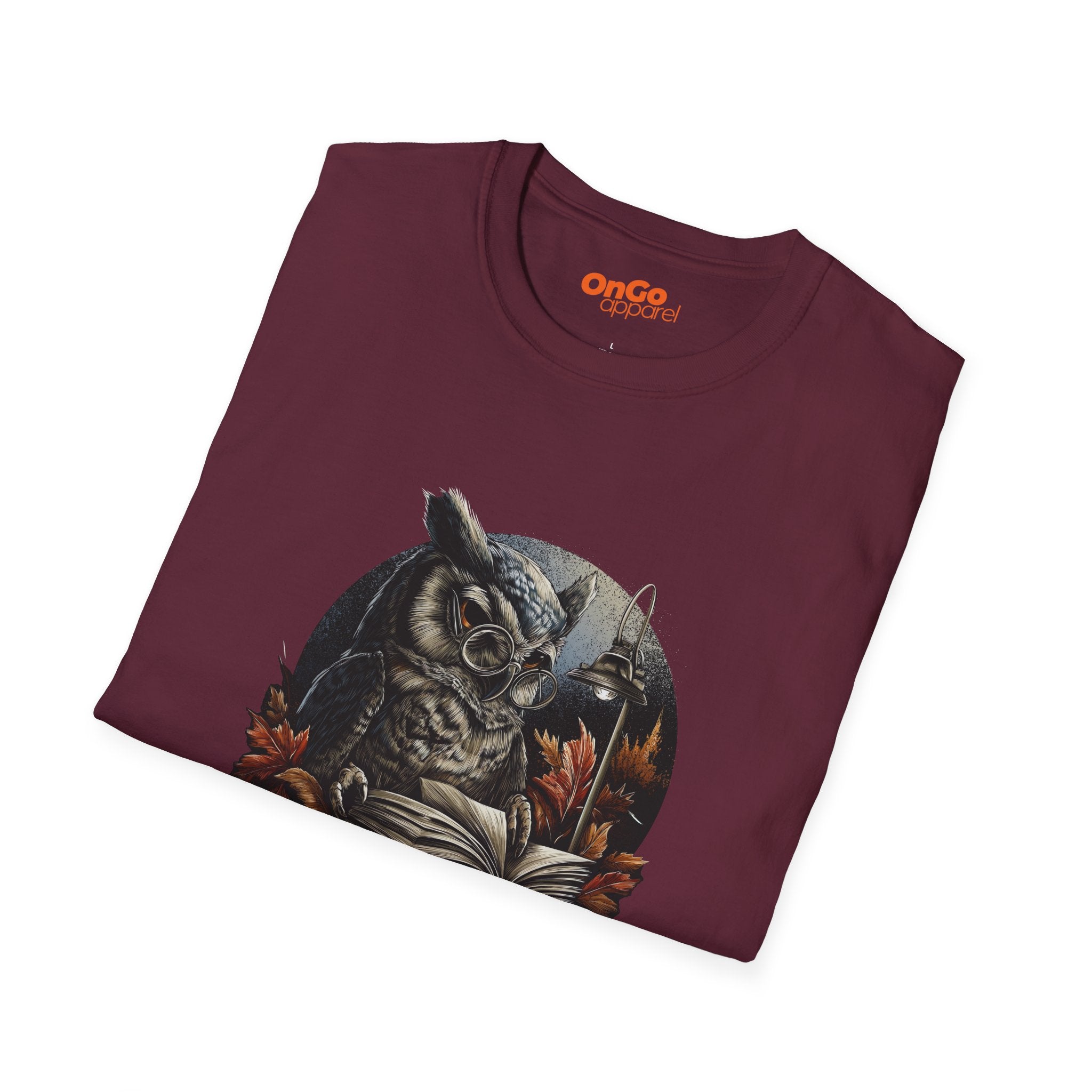 Owl Reading Book T-Shirt with Fall Leaves Design