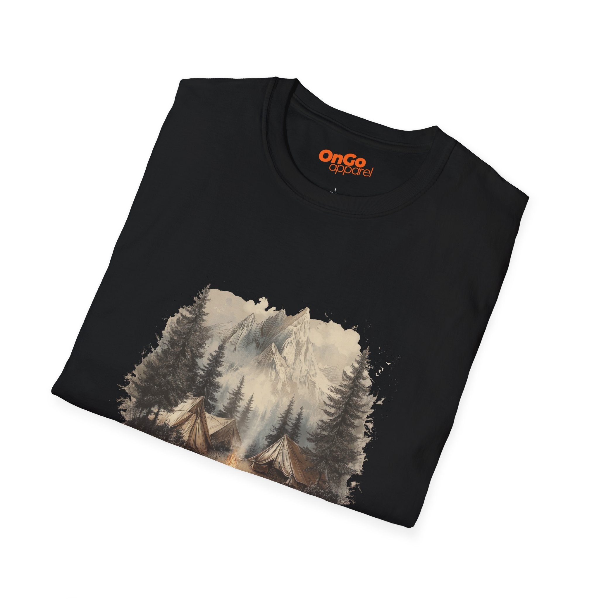 Camping Scene T-Shirt with Tents and Mountains