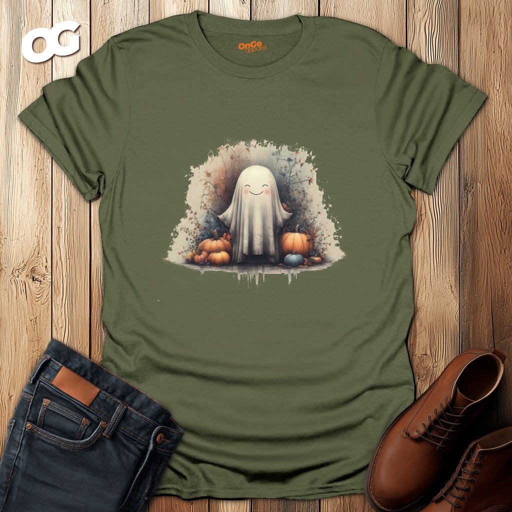Charming Ghost and Pumpkins Graphic T-Shirt – military_green – oak-wood