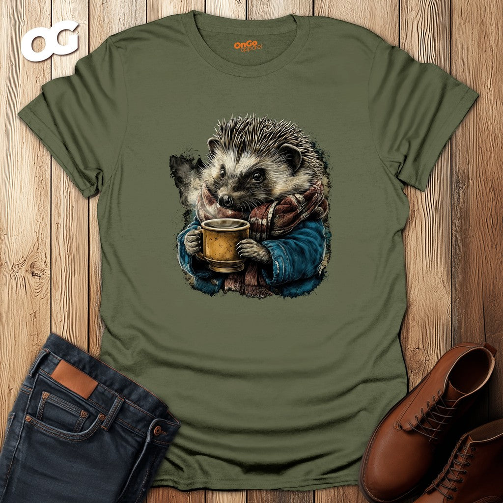 Hedgehog Scarf and Coffee T-Shirt – military_green – oak-wood