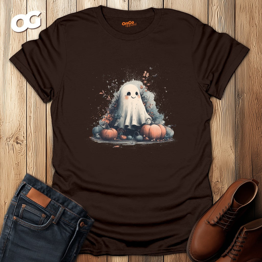 Cute Ghost and Pumpkins T-Shirt – dark_chocolate – oak-wood