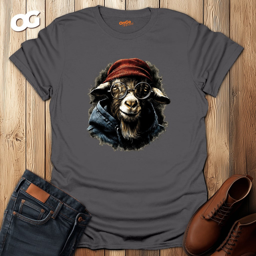 Trendy Goat with Glasses T-Shirt for Animal Lovers – charcoal – oak-wood