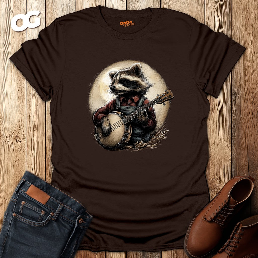 Raccoon Banjo Player T-Shirt – dark_chocolate – oak-wood