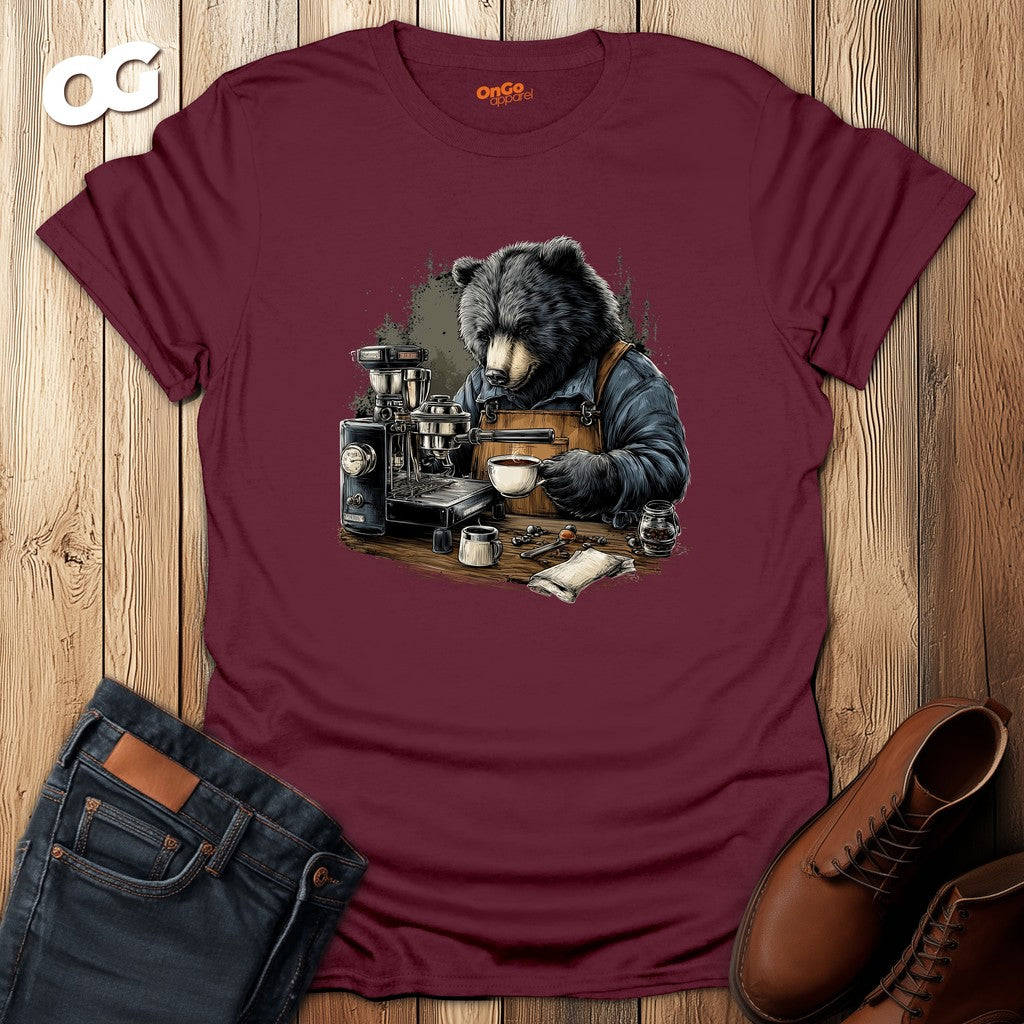 Bear Barista T-Shirt with Coffee Design – maroon – oak-wood