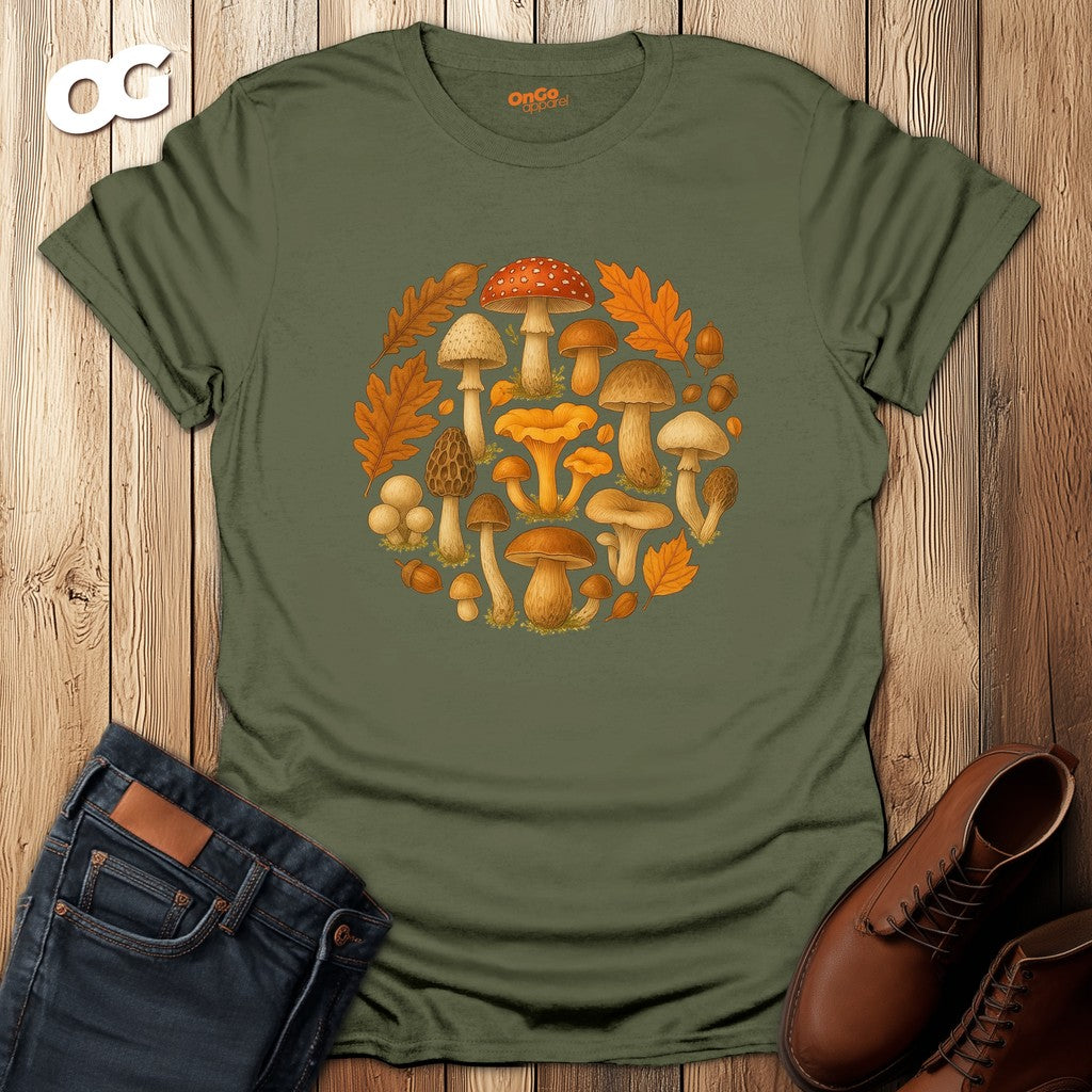Mushroom & Leaf Circle Graphic T-Shirt – military_green – oak-wood