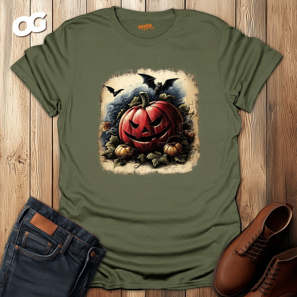 Jack-o'-Lantern Halloween T-shirt with Bats Design – military_green – oak-wood