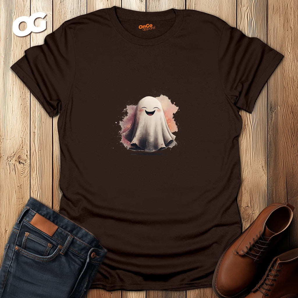 Cheerful Ghost Graphic T-Shirt – dark_chocolate – oak-wood