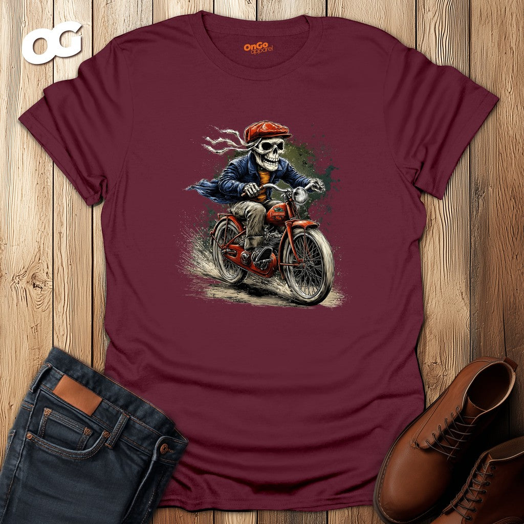 Skeleton Riding Bicycle Graphic T-Shirt – maroon – oak-wood