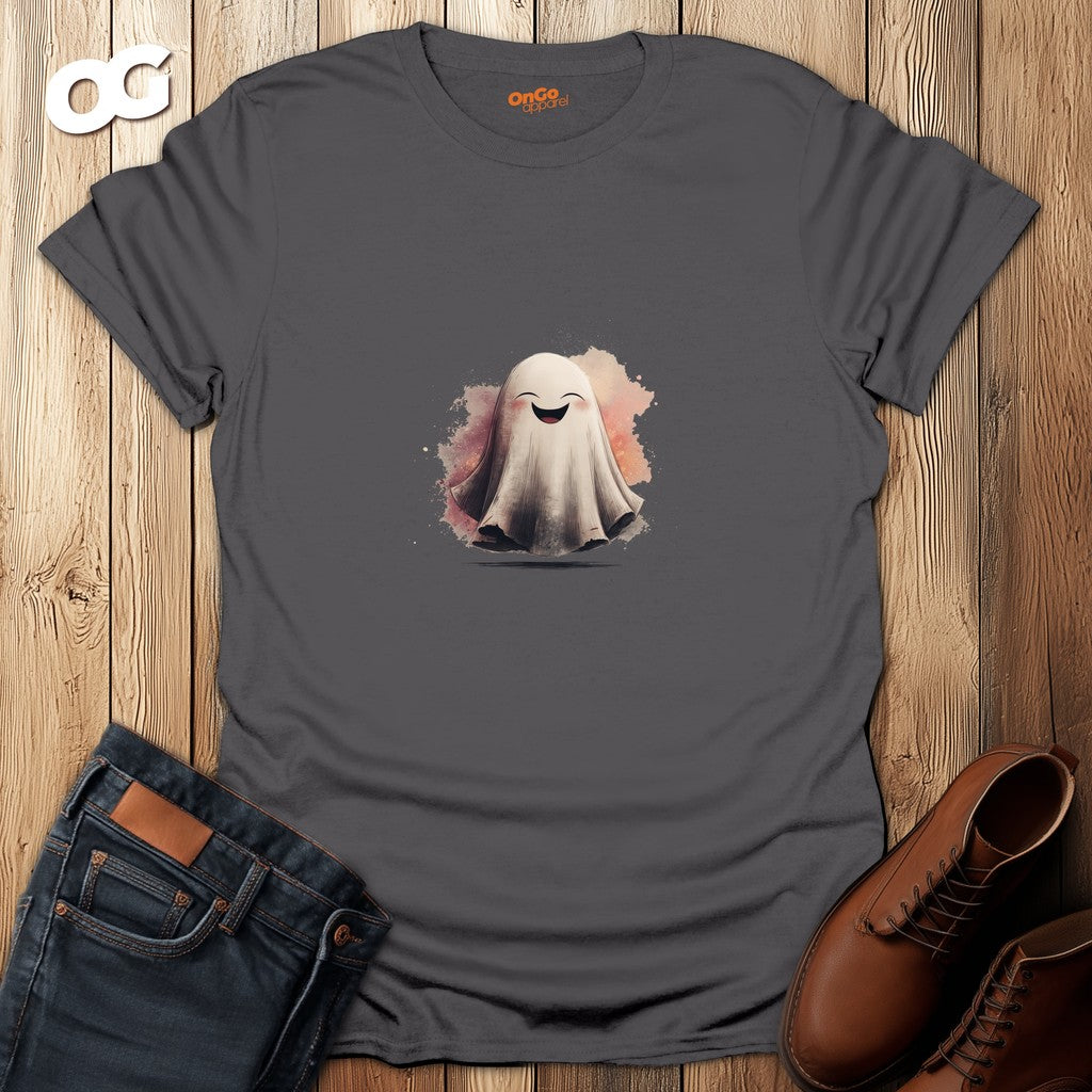 Cheerful Ghost Graphic T-Shirt – charcoal – oak-wood