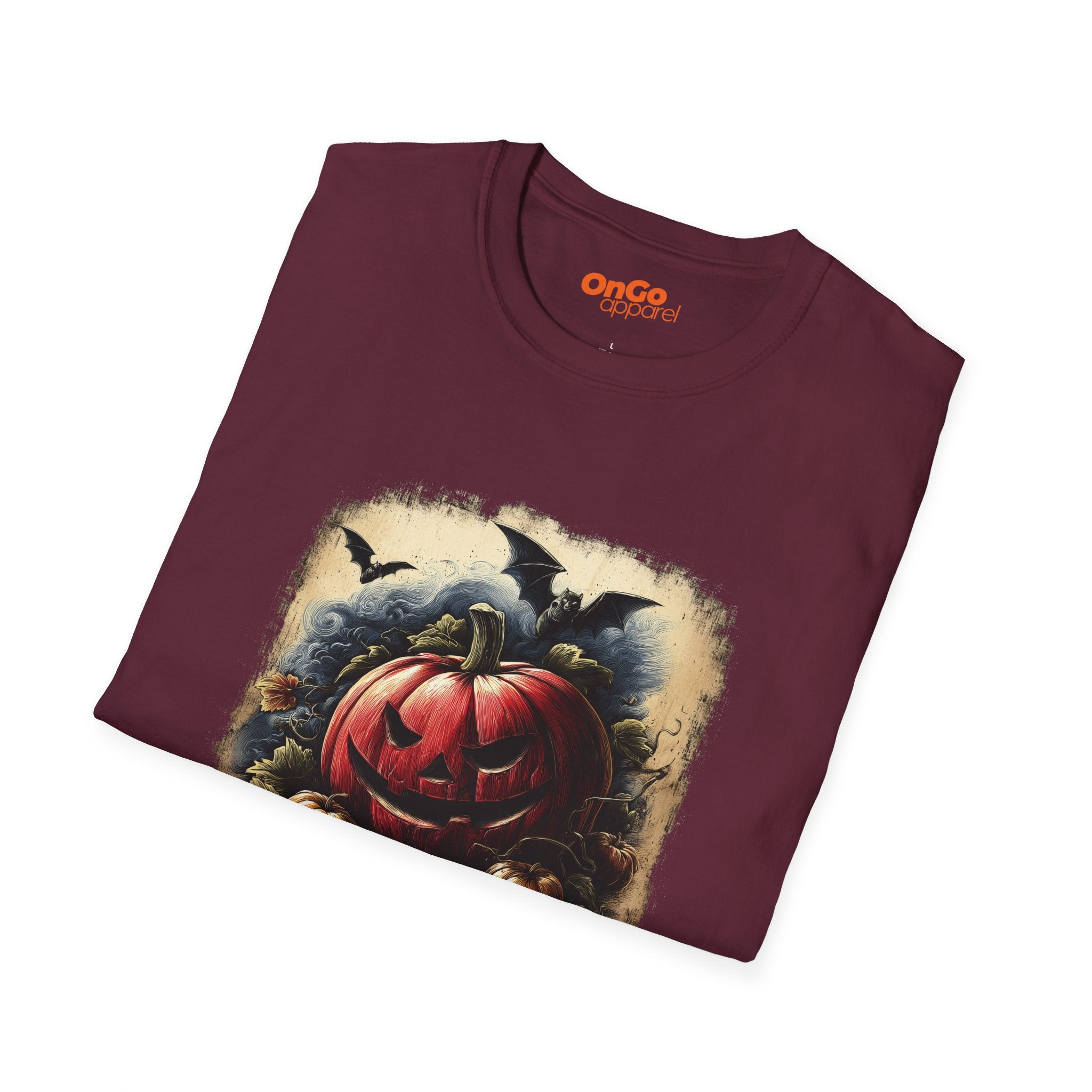 Jack-o'-Lantern Halloween T-shirt with Bats Design