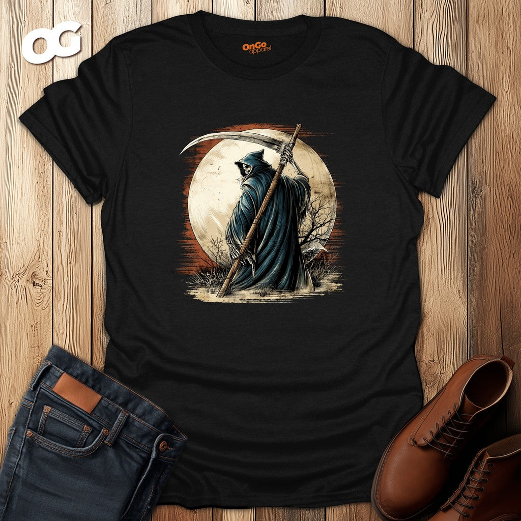 Grim Reaper Scythe and Moon Graphic T-Shirt – black – oak-wood