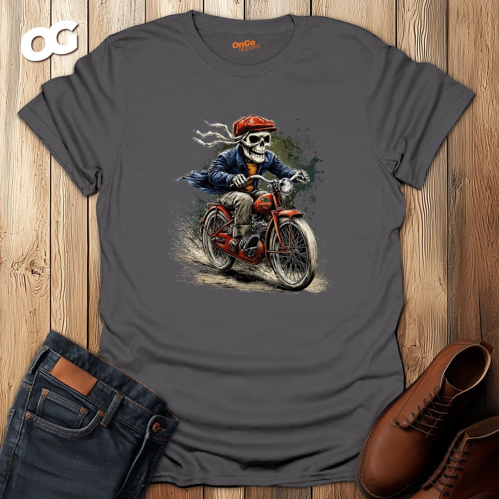 Skeleton Riding Bicycle Graphic T-Shirt – charcoal – oak-wood