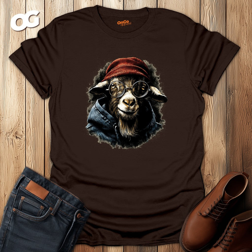 Trendy Goat with Glasses T-Shirt for Animal Lovers – dark_chocolate – oak-wood