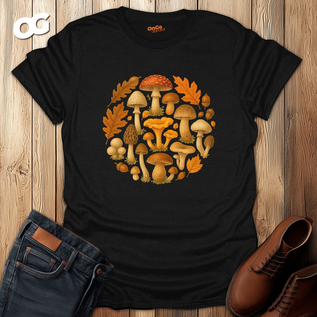 Mushroom & Leaf Circle Graphic T-Shirt – black – oak-wood