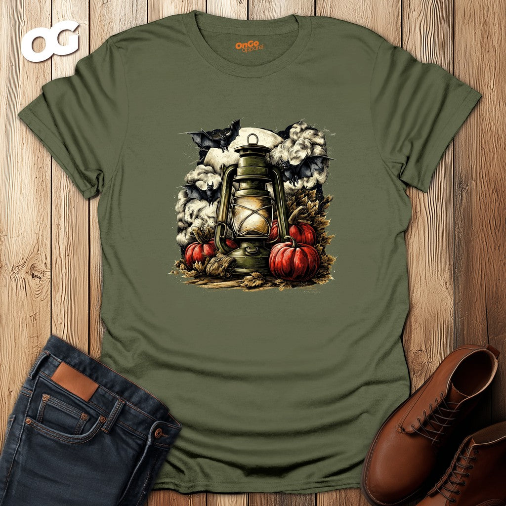 Halloween Lantern T-Shirt with Bats and Pumpkins – military_green – oak-wood
