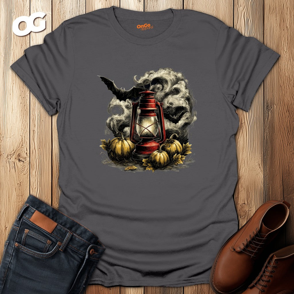Eerie Lantern T-Shirt with Bats and Pumpkins Design – charcoal – oak-wood