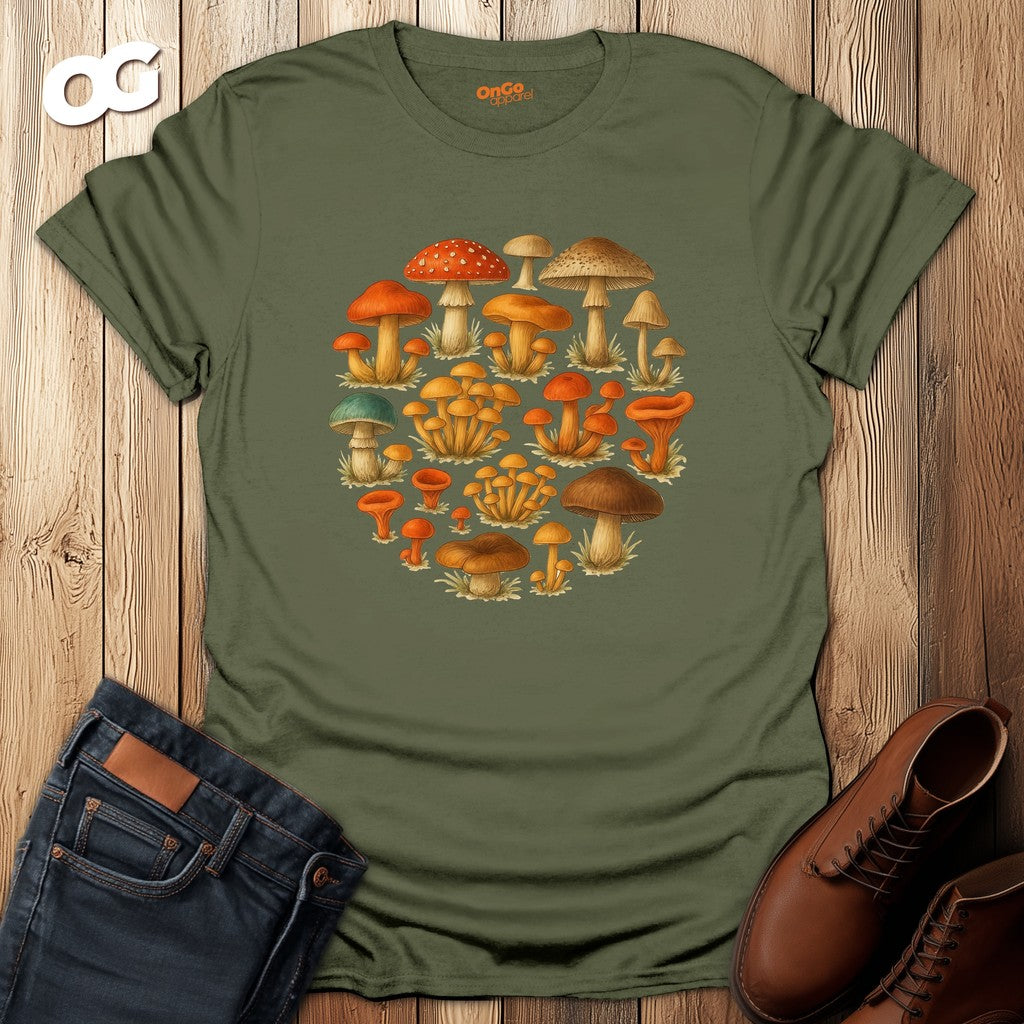 Mushroom Circle Unisex T-Shirt with Nature Design – military_green – oak-wood