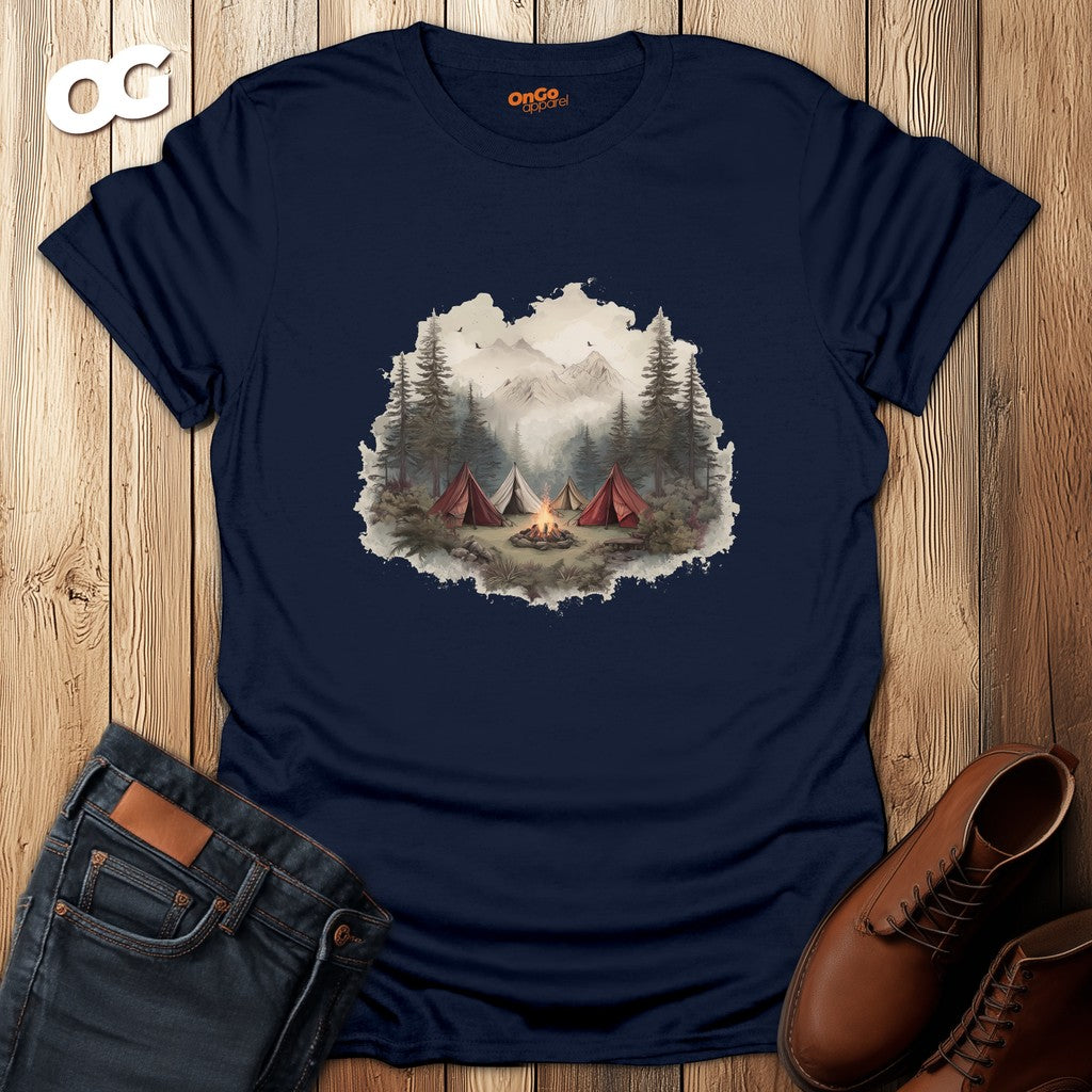 Camping Adventure T-Shirt with Bonfire and Mountain Scene – navy – oak-wood