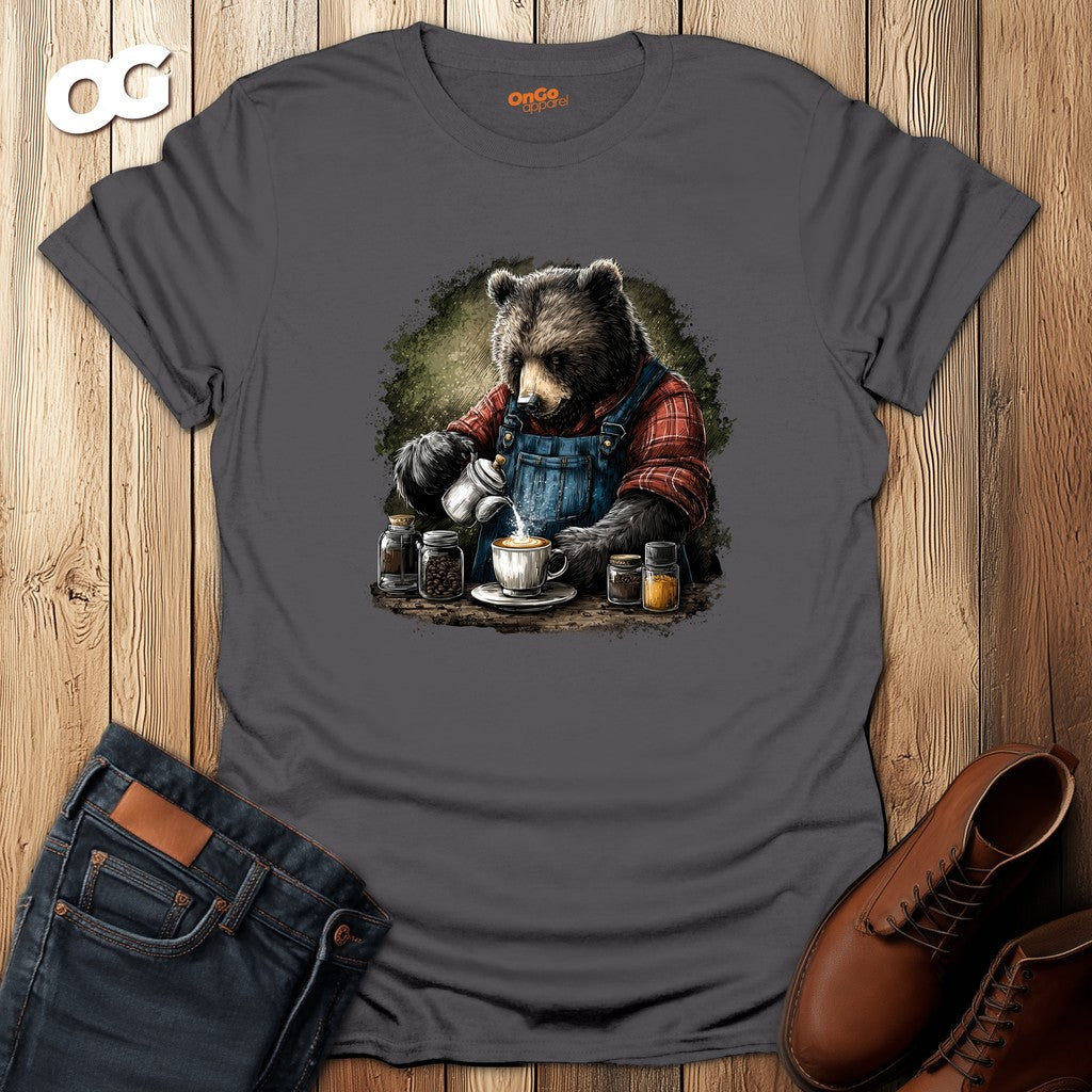 Bear Barista T-Shirt with Coffee Theme – charcoal – oak-wood