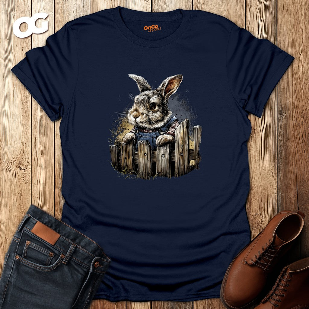 Charming Bunny in Overalls T-Shirt – navy – oak-wood