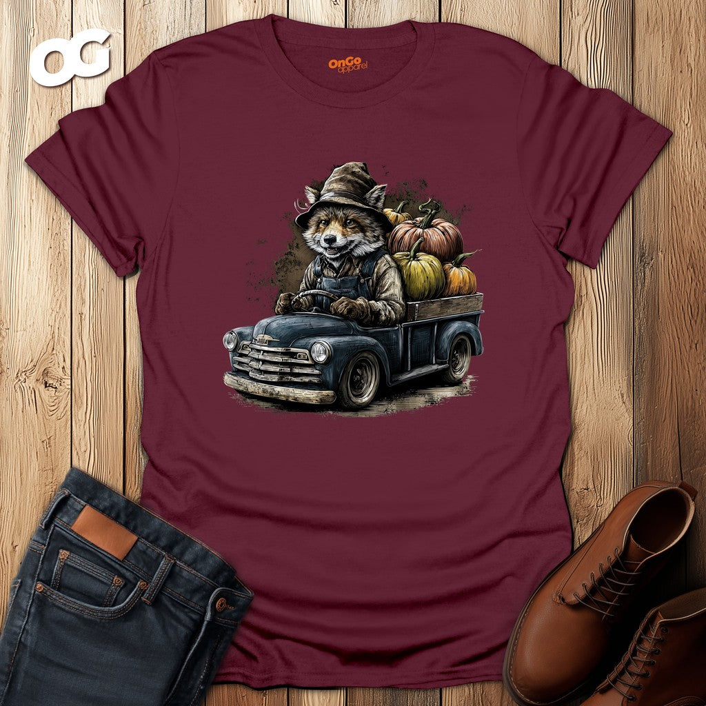Rustic Fox Driving Vintage Truck T-Shirt – maroon – oak-wood
