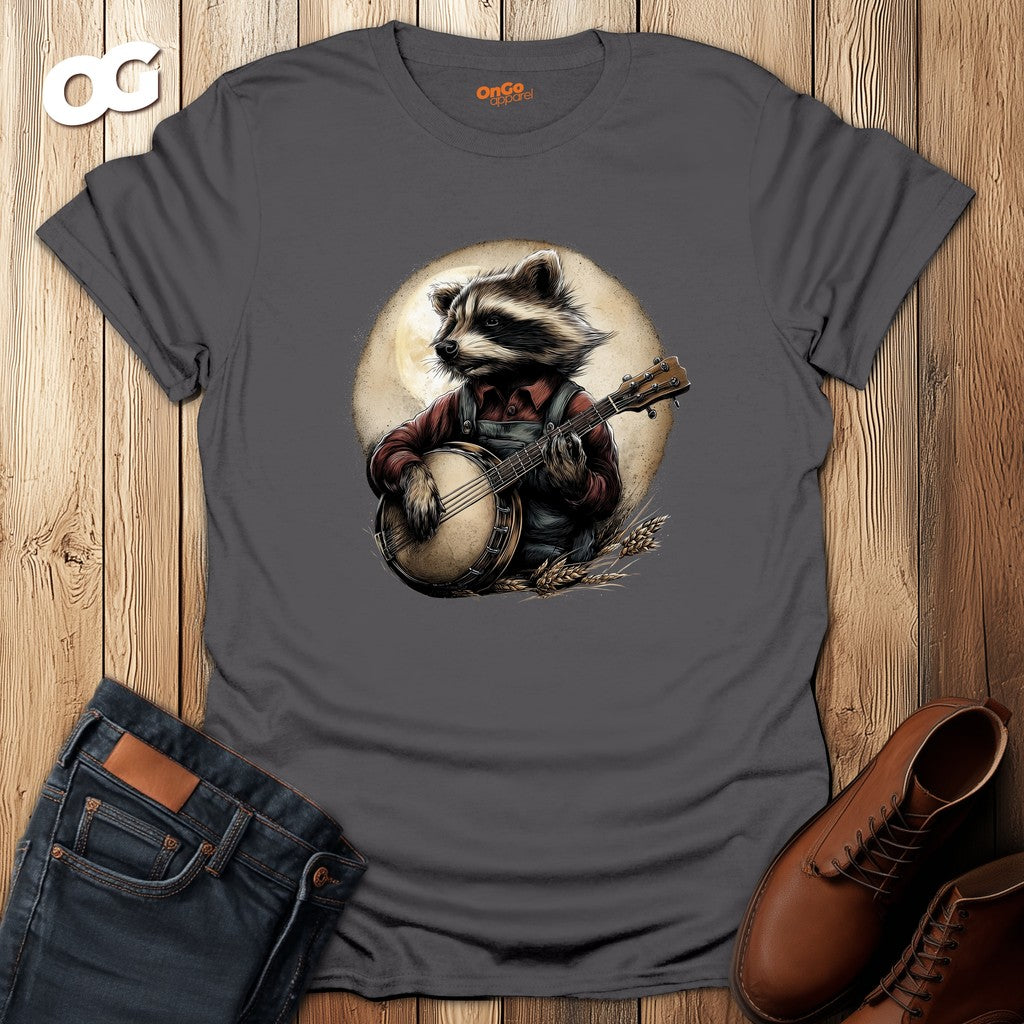 Raccoon Banjo Player T-Shirt – charcoal – oak-wood