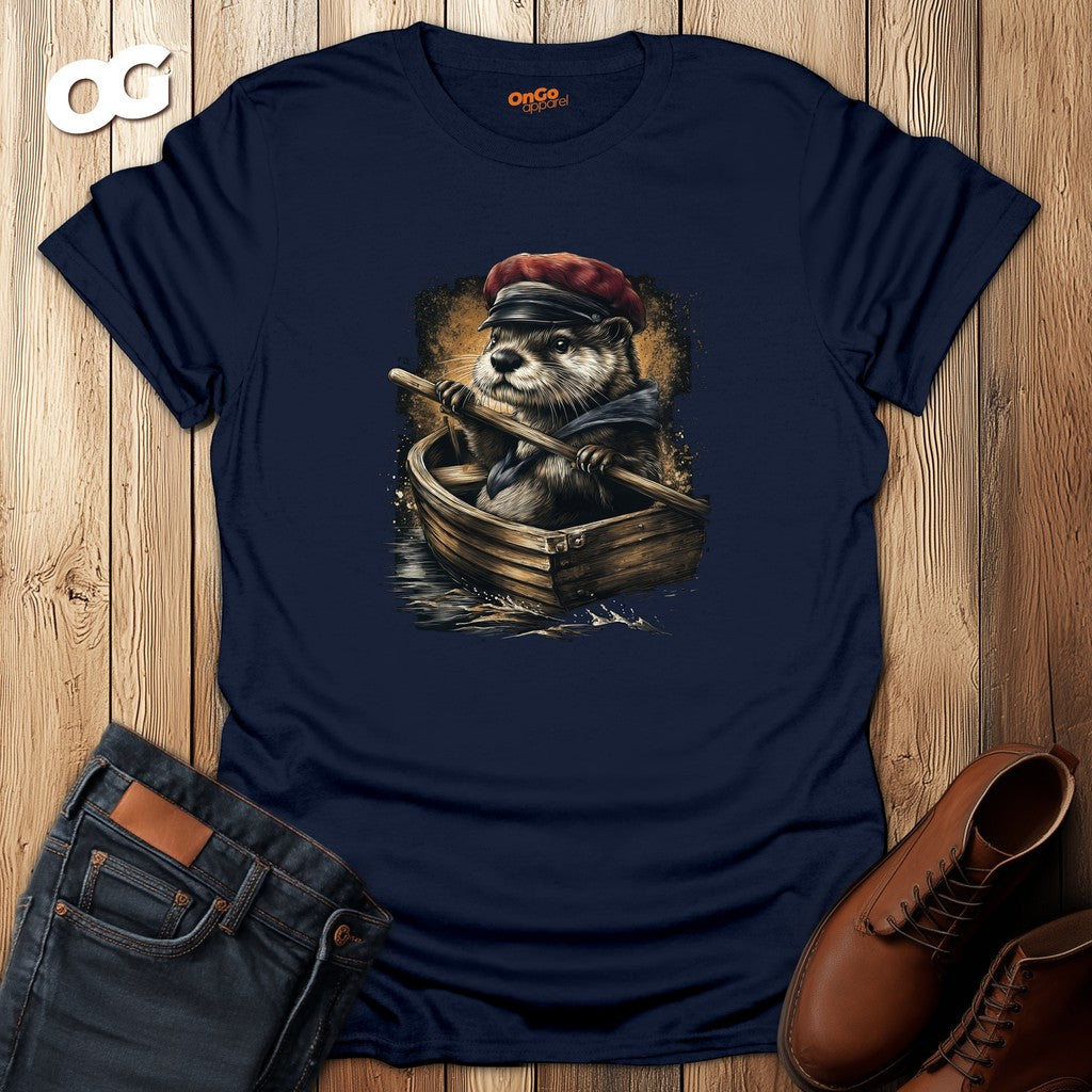 Otter in Boat T-Shirt with Red Cap Design – navy – oak-wood
