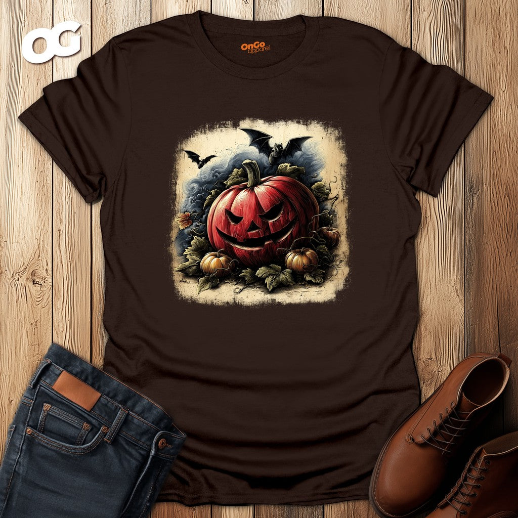 Jack-o'-Lantern Halloween T-shirt with Bats Design – dark_chocolate – oak-wood