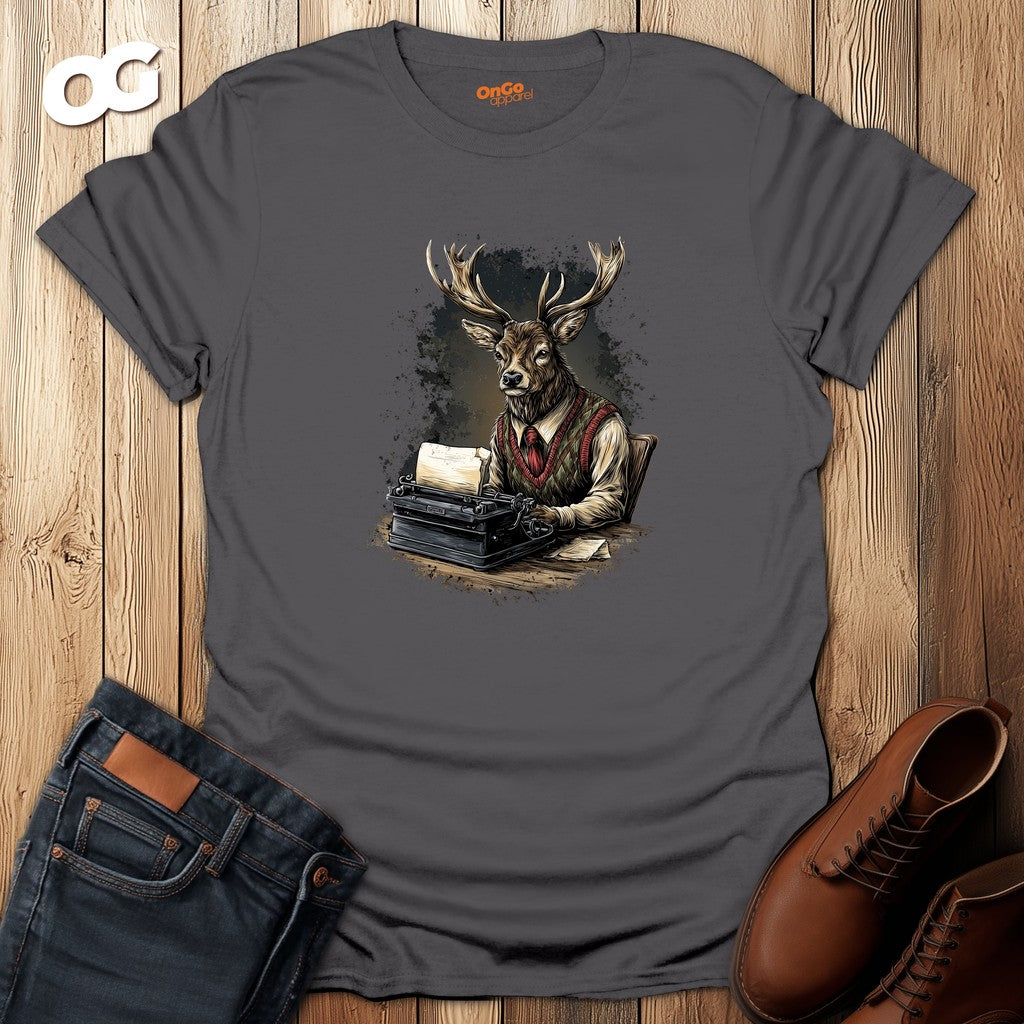 Vintage Deer Typewriter T-Shirt – charcoal – oak-wood