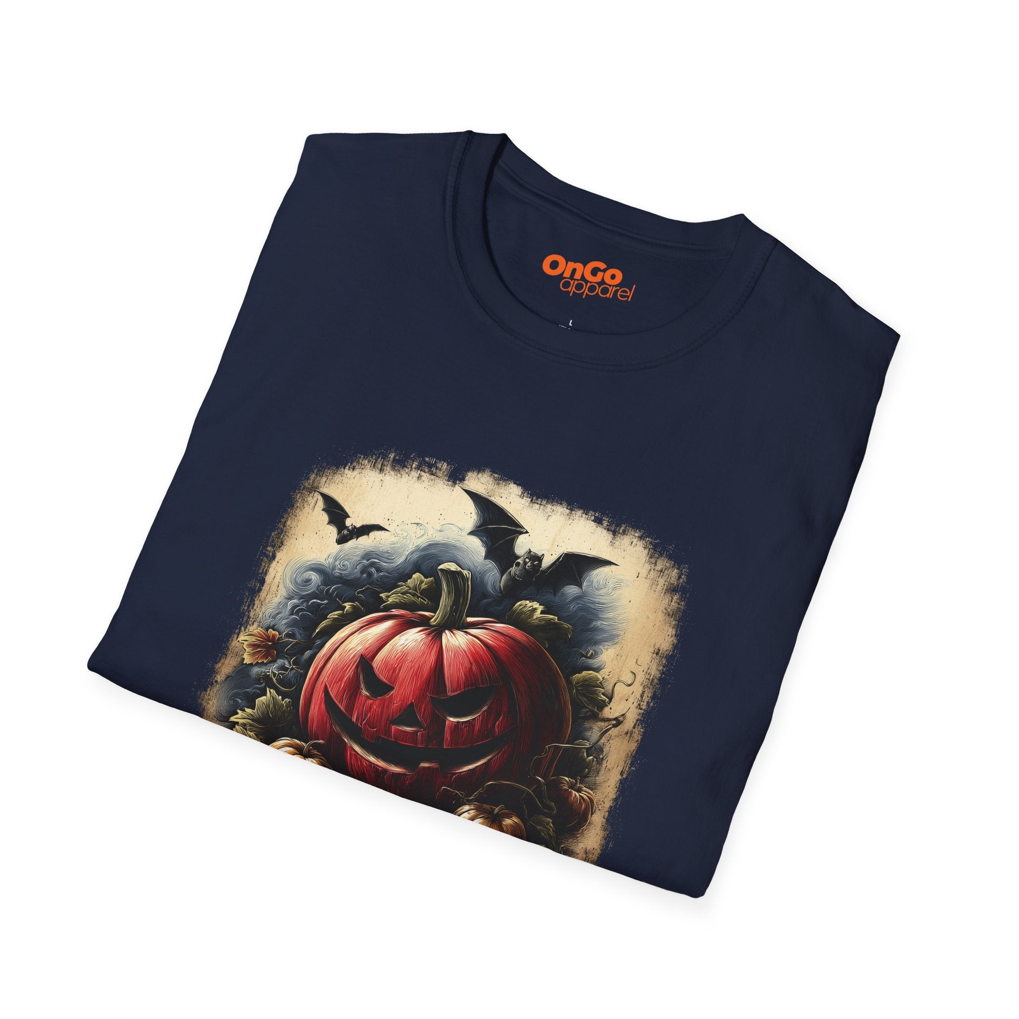 Jack-o'-Lantern Halloween T-shirt with Bats Design