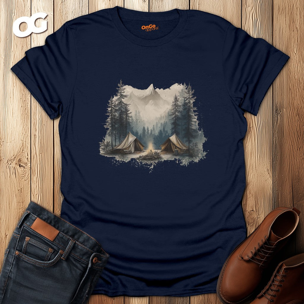 Camping Scene T-Shirt with Tent and Mountain Design – navy – oak-wood
