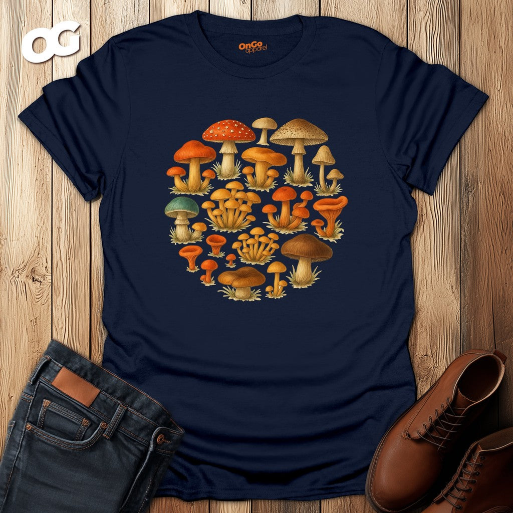 Mushroom Circle Unisex T-Shirt with Nature Design – navy – oak-wood