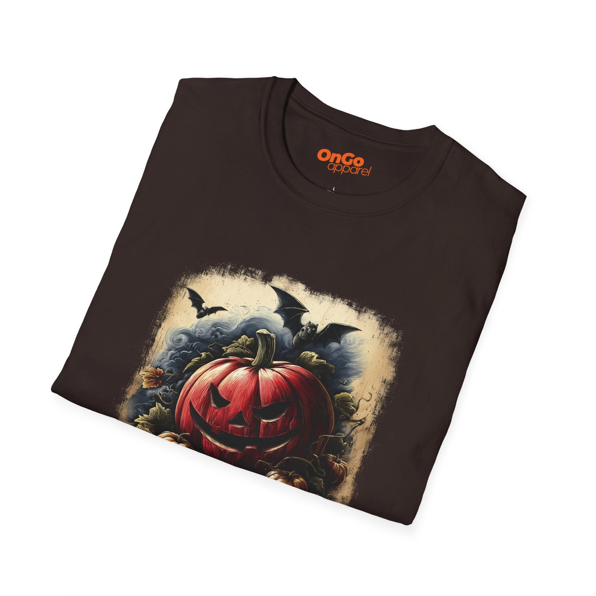 Jack-o'-Lantern Halloween T-shirt with Bats Design