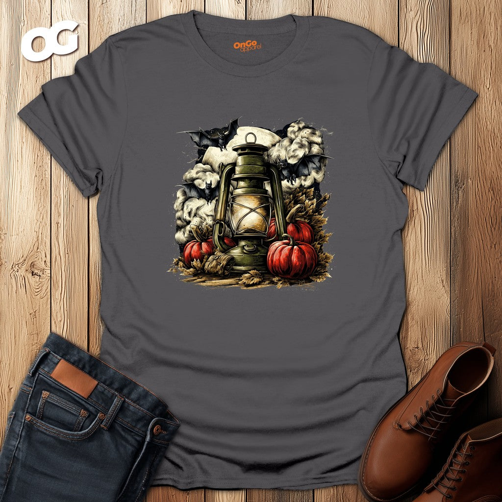 Halloween Lantern T-Shirt with Bats and Pumpkins – charcoal – oak-wood