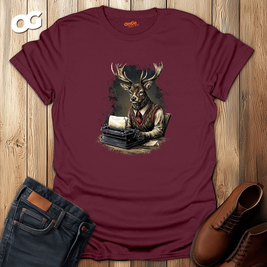 Vintage Deer Typewriter T-Shirt – maroon – oak-wood
