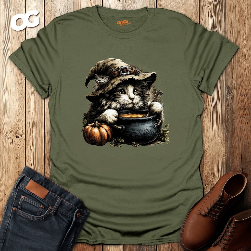 Cat Witch T-Shirt with Pumpkin Cauldron Design – military_green – oak-wood
